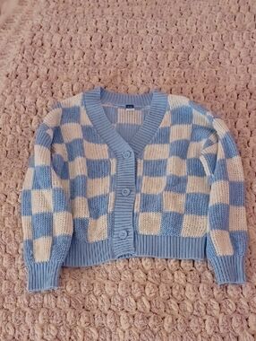 Old Navy Blue and Cream Checkerboard Cropped Cardigan